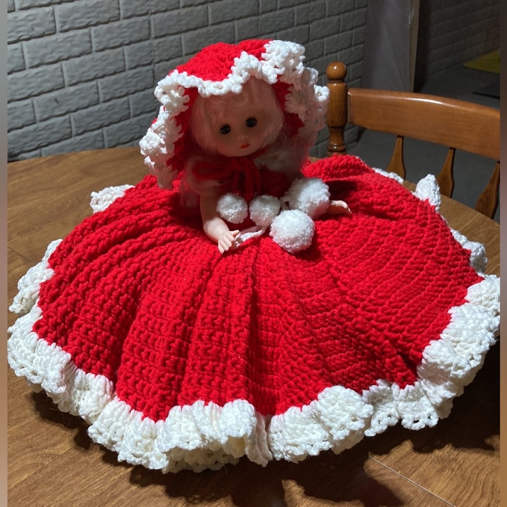 Vintage Hand Crocheted Pillow Bed Doll Beautiful Red Dress Blonde Hair Blue Eyes